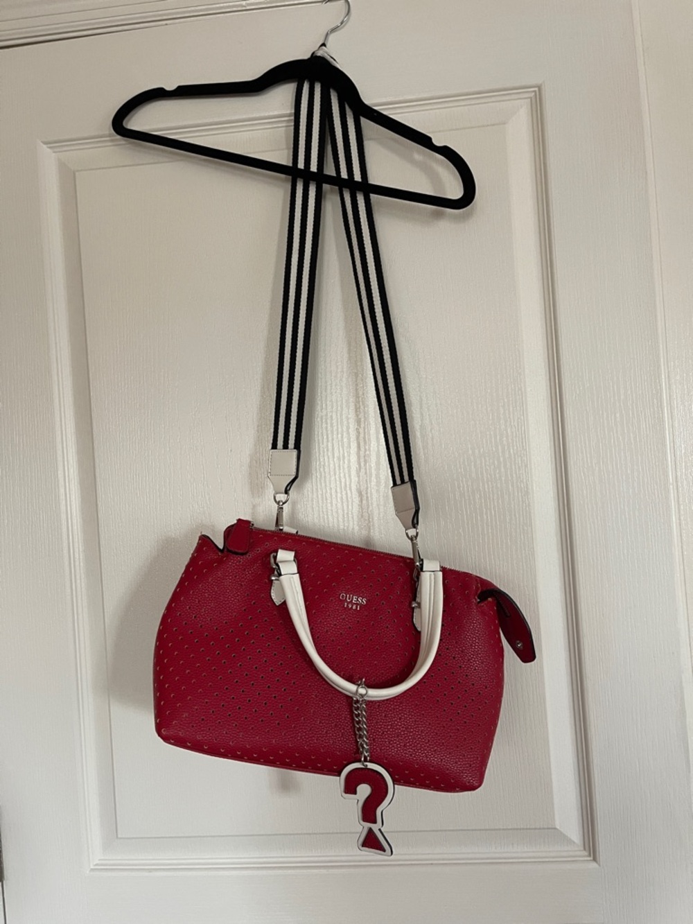 GUESS Red Satchel with White Handles and Striped Shoulder Strap